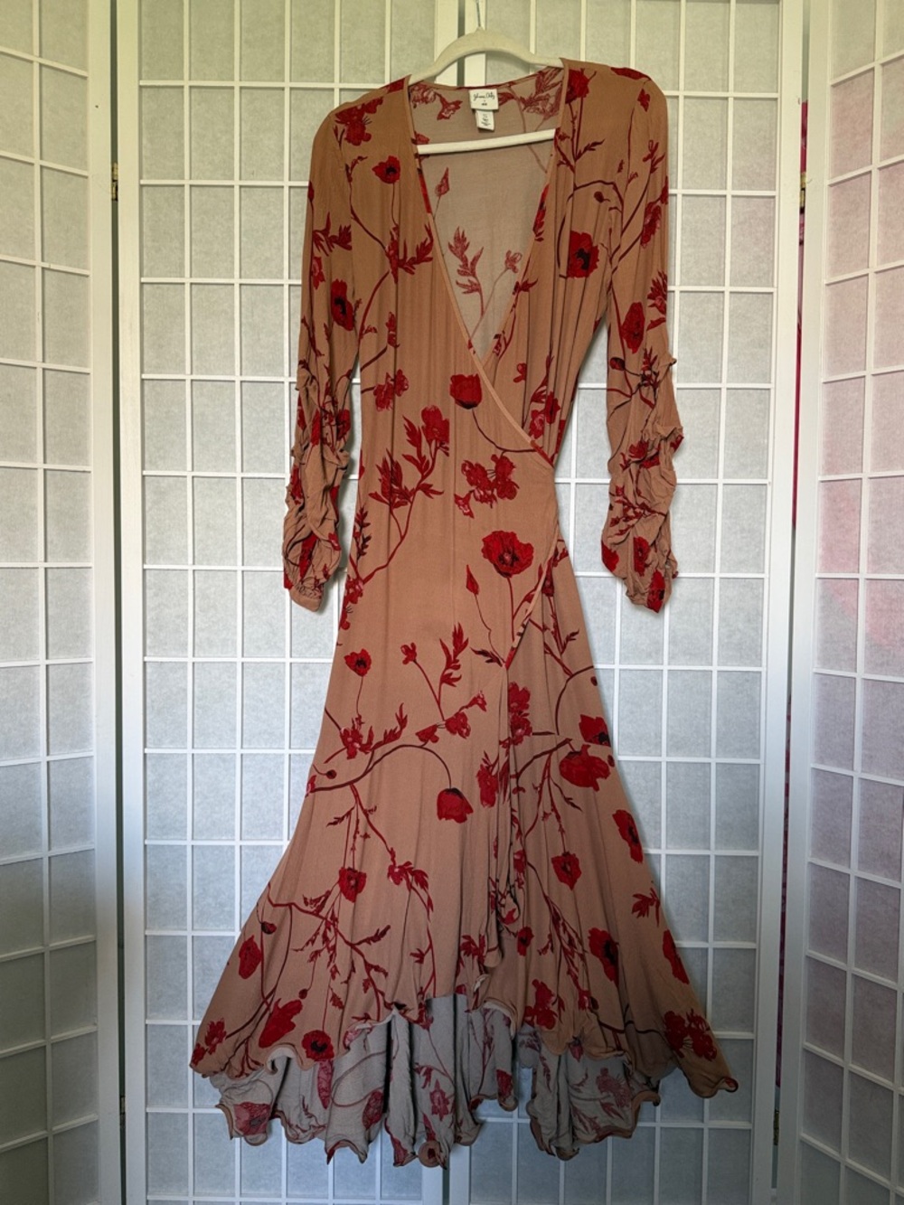 Johanna Ortiz x HM Floral Wrap Midi Dress in Beige Poppies Ruffle Size M